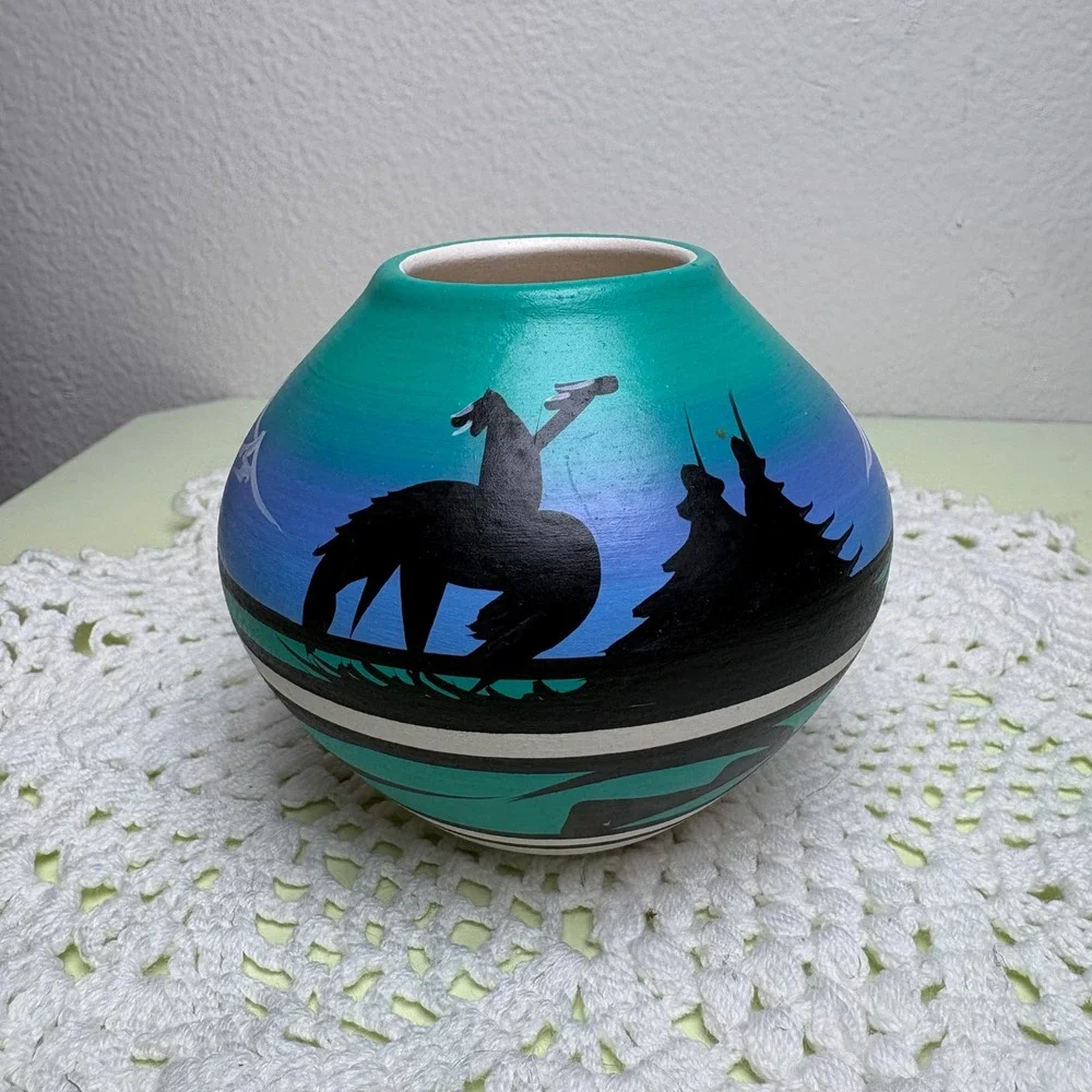 Teal Pottery Vase Southwestern Desert Hand Painted Ceramic